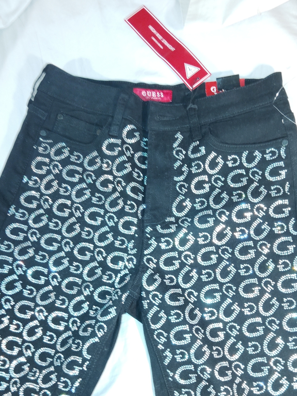 Guess Girly G-(Rhine)Stone Slim Fit Jet Black 5-Pocket Bling Front Jeans 28x28